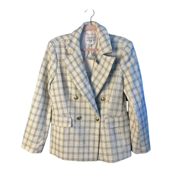 Alexia Admor Women's Ivory Plaid Checkered Farrah Tweed Blazer Size 12 - Picture 11 of 11